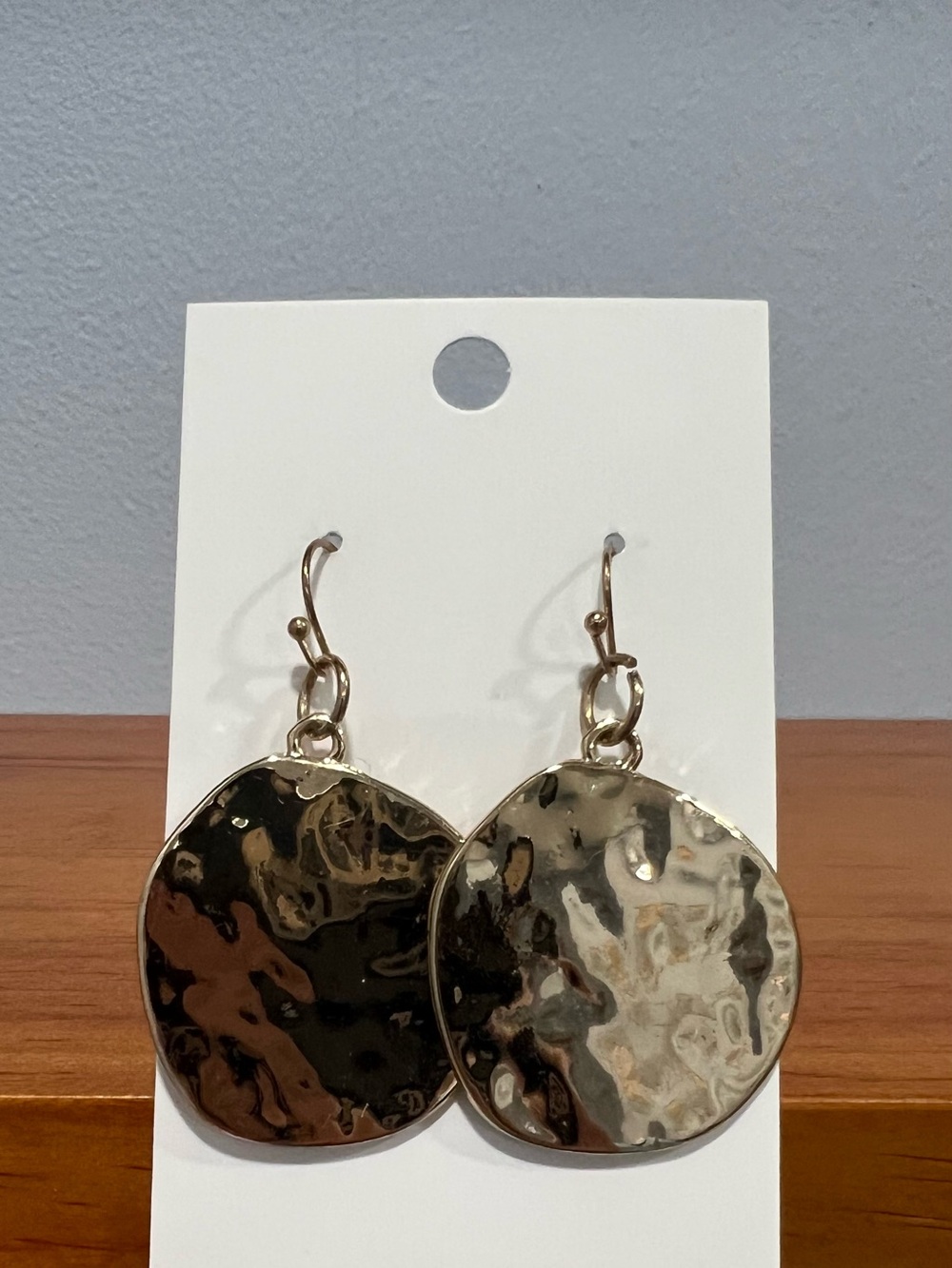 Gold Tone Hammered Metal Round Circle Reflective Hook Earrings Pre Loved